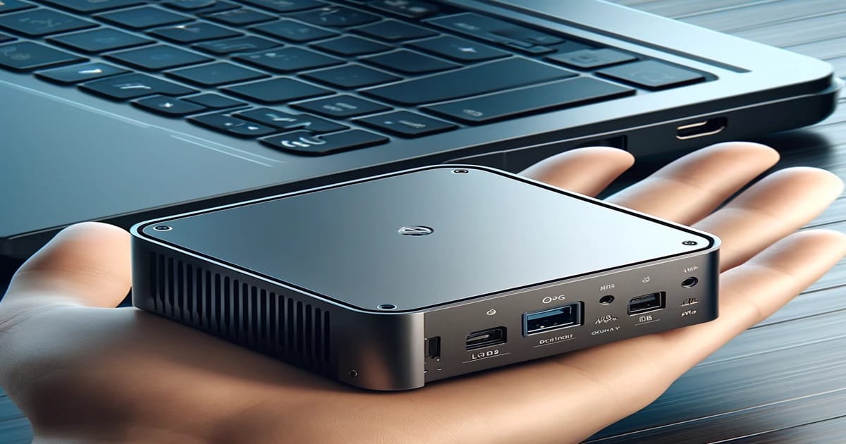 A hand holding a sleek mini PC in front of a laptop.