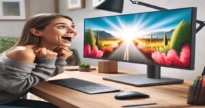 Excited woman viewing a vibrant display on a desktop monitor