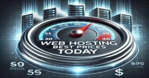 Graphic showing high-speed web hosting servers with the text 'Web Hosting Speeds Best Prices Today' prominently displayed